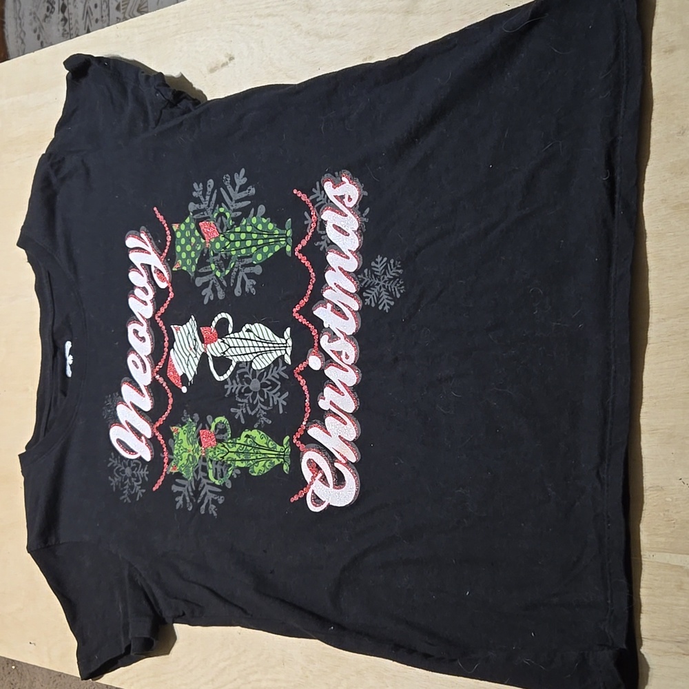CH2 Meowy Christmas Black T-Shirt Size LG 12/14 Short Sleeve Cats